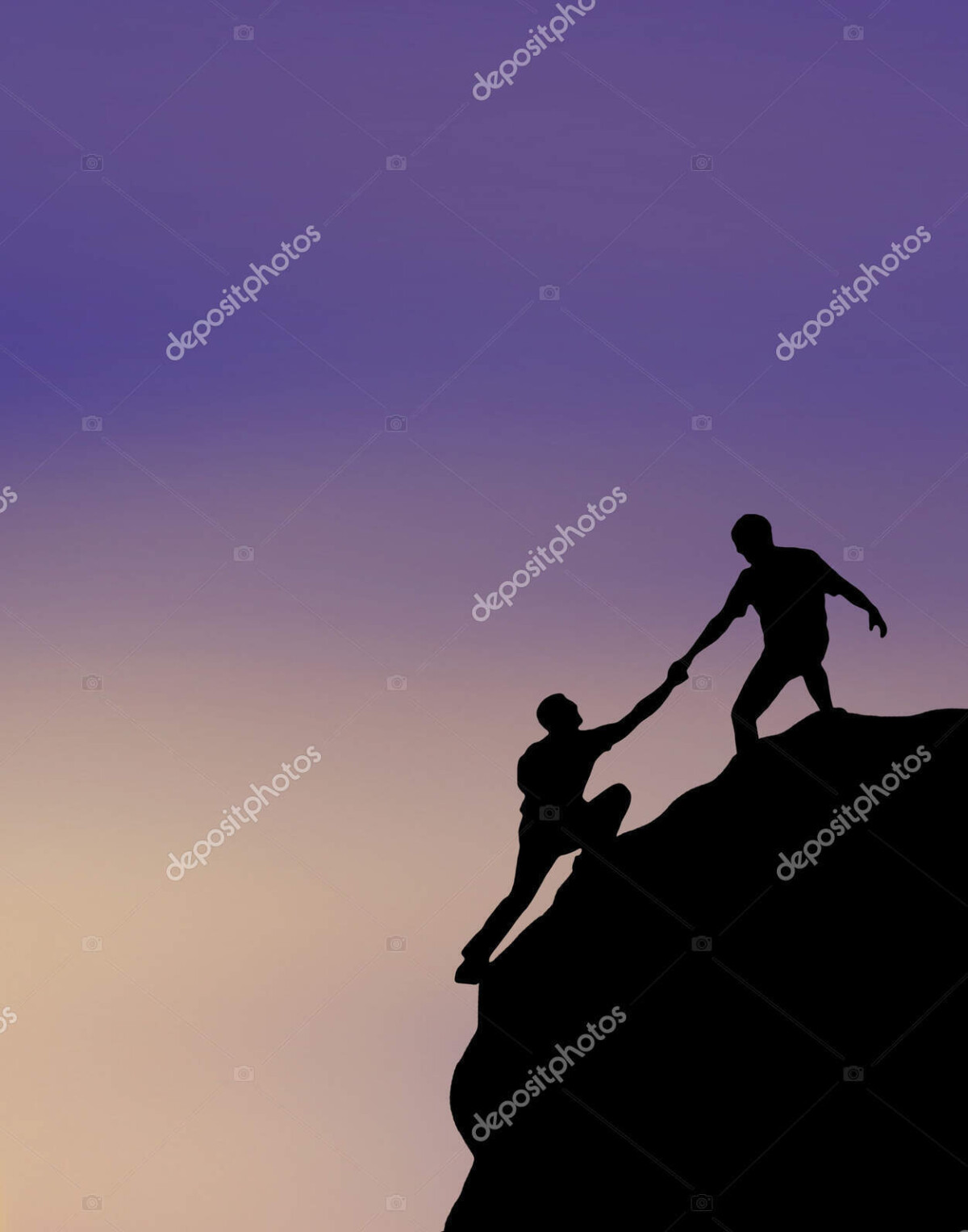 silhouette of human giving hand and helping to climb on rock