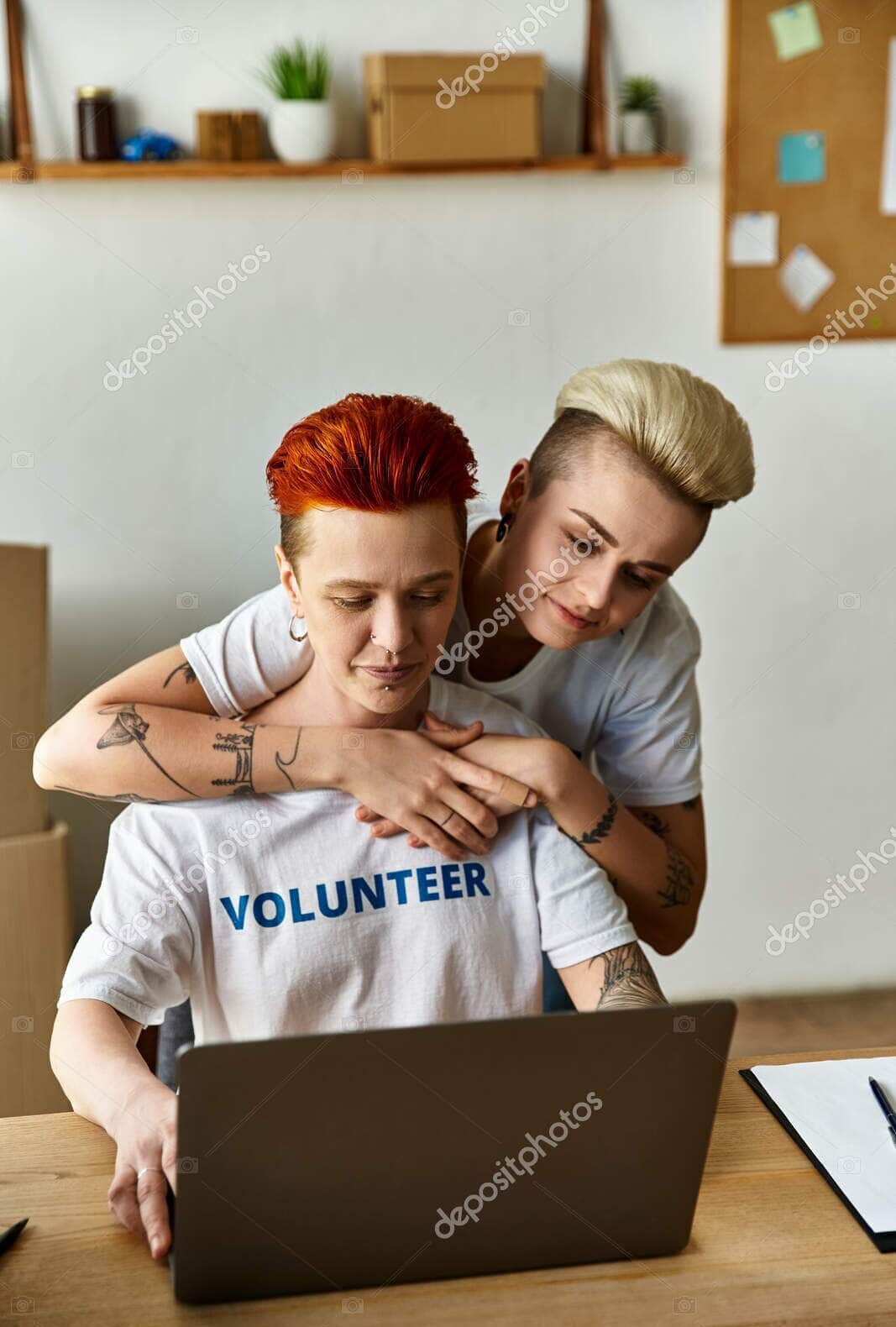 depositphotos 722574858 stock photo young lesbian couple volunteer shirts